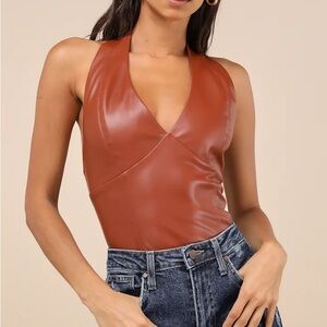 NEW Light Brown Vegan Leather Seamed Halter Top